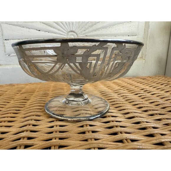Antique 20's Art Deco Pedestal Candy Trinket Bowl Painted Sterling Overaly - Picture 11 of 16
